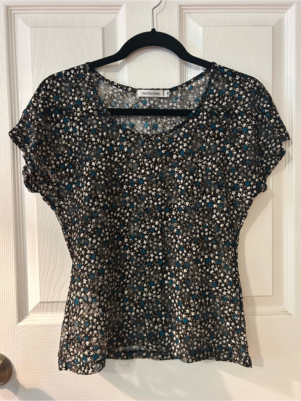 Italian Mediterraneo Black Floral Short Sleeve Top